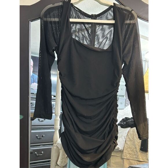 Manydress Dresses & Skirts - New Black Ruched Bodycon Square Neck Mini Dress S